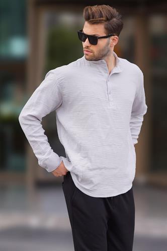 Erkek Gri Müslin Uzun Kollu Gömlek 6742