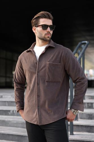 Kahverengi Düğmeli Kadife Erkek Gömlek E6766