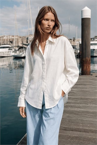 Beyaz Uzun Kollu Oversize Gömlek MG2003