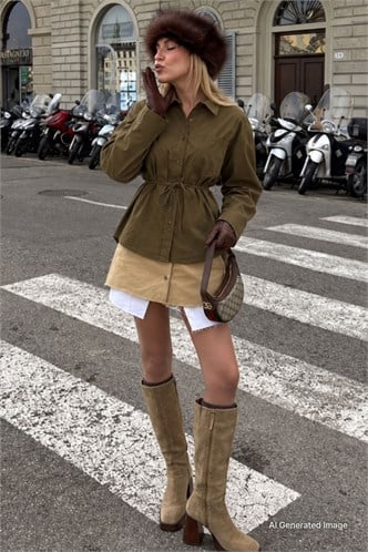 Haki Belden Bağlamalı Oversize Cepli Gömlek MG2798