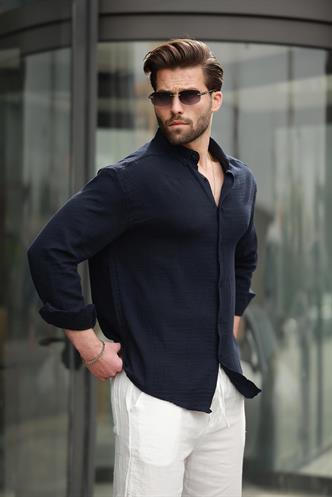 Lacivert Basic %100 Pamuklu Uzun Kollu Erkek Gömlek E6761