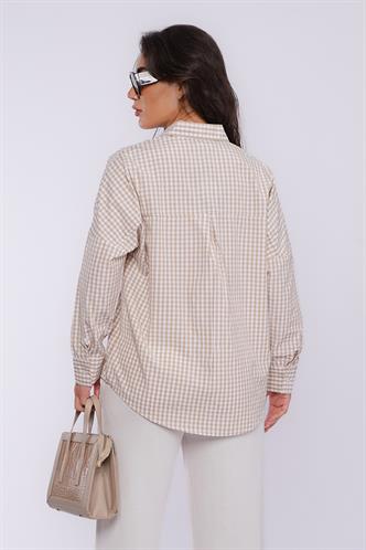 Bej Pötikareli Uzun Kollu Kadın Gömlek Mg2386