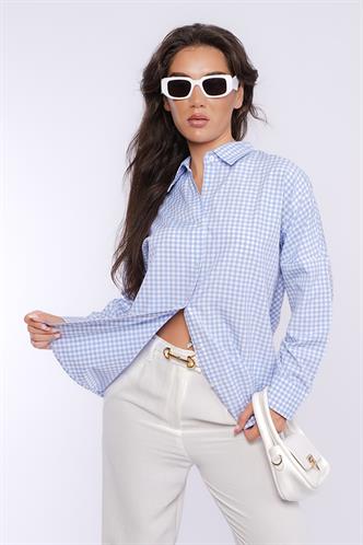 Mavi Pötikareli Uzun Kollu Kadın Gömlek Mg2386
