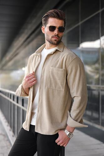 Bej Düğmeli Kadife Erkek Gömlek E6766