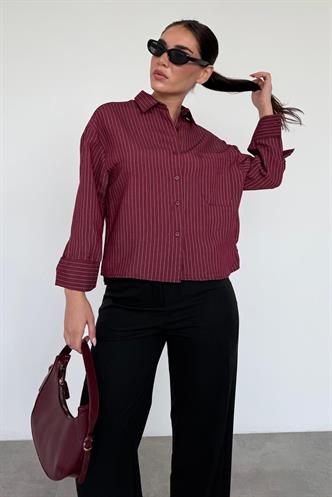 Bordo Çizgili Oversize Kadın Gömlek MG2093