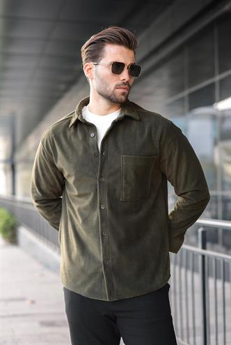 Haki Düğmeli Kadife Erkek Gömlek E6766
