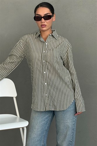 Çağla Yeşili Çizgili Sendy Kumaş Kadın Gömlek MG2834