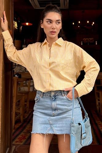 Sarı Pötikareli Uzun Kollu Kadın Gömlek Mg2386