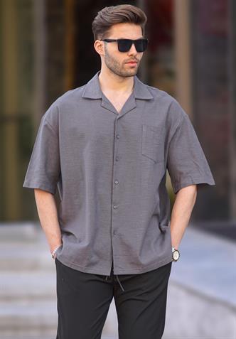 Füme Kısa Kollu Oversize Erkek Gömlek 6737