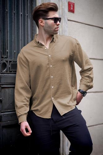 Camel Uzun Kollu Oversize Erkek Gömlek 6735