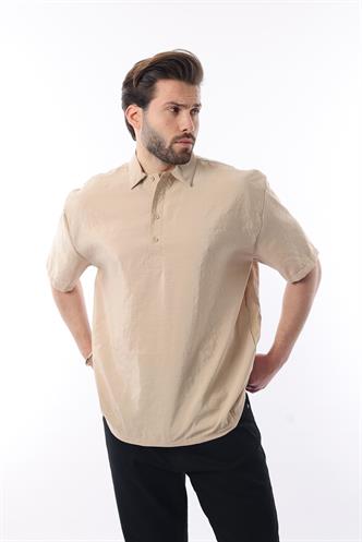 Bej Oversize Rahat Kesim Kısa Kollu Gömlek 6744