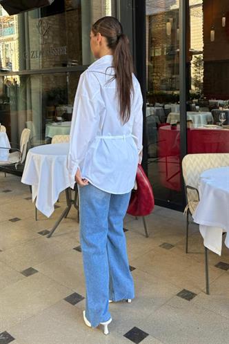 Beyaz Kemer Detaylı Oversize Kadın Gömlek MG2585