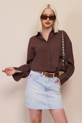 Kahverengi Uzun Kollu Oversize Gömlek MG2003