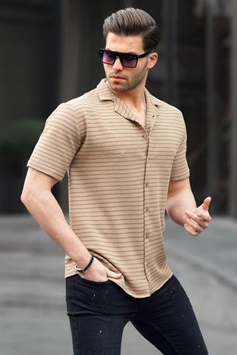 Camel Çizgili Kısa Kollu Erkek Gömlek 6703