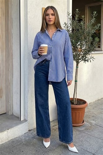 Lacivert Çizgili Kadın Gömlek Mg2410