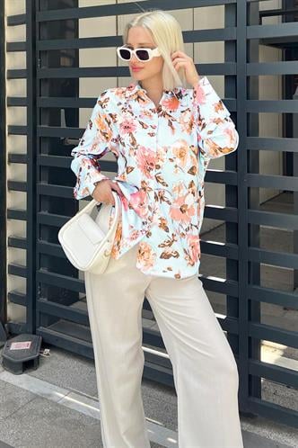 Bebe Mavisi Çiçek Desenli Saten Gömlek MG1787