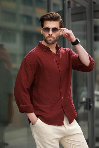 Bordo Basic %100 Pamuklu Uzun Kollu Erkek Gömlek E6761