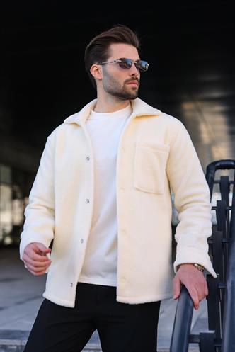 Ekru Çıt Kapamalı Yandan Cepli Erkek Gömlek Ceket E6769