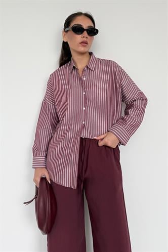 Bordo Çizgili Kadın Gömlek Mg2410