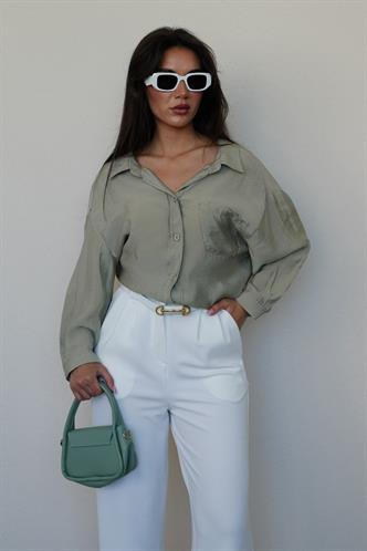Mint Yeşili Cepli Kadın Uzun Kollu Gömlek MG2409