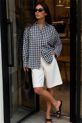 Siyah Oversize Kareli Kadın Gömlek MG2822