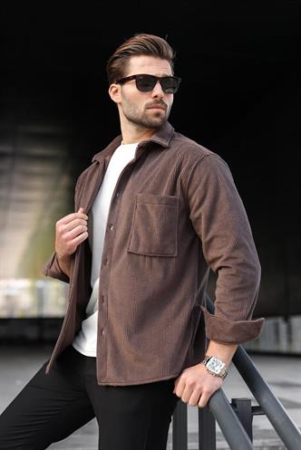 Kahverengi Düğmeli Kadife Erkek Gömlek E6766