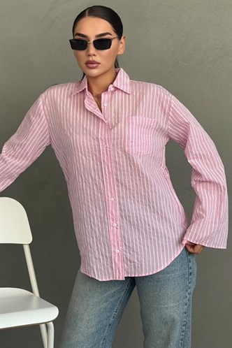 Pembe Çizgili Sendy Kumaş Kadın Gömlek MG2834