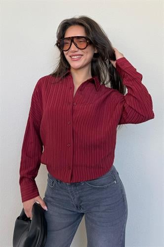 Bordo Uzun Kollu Çizgili Oversize Gömlek MG2080