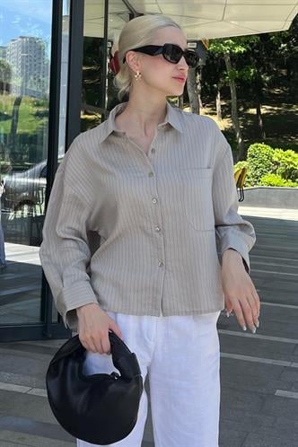 Gri Çizgili Oversize Kadın Gömlek MG2093