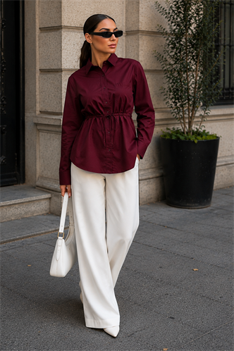 Bordo Belden Bağlamalı Oversize Cepli Gömlek MG2798