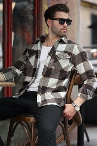 Kahverengi Desenli Göğüs Cepli Erkek Polar Gömlek 6754