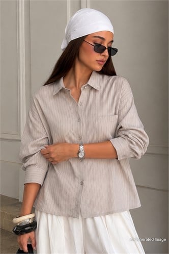 Gri Çizgili Oversize Kadın Gömlek MG2093