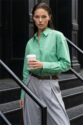 Mint Yeşili Çizgili Regular Kesim Kadın Gömlek MG2610