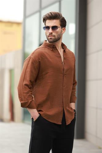 Kahverengi Basic %100 Pamuklu Uzun Kollu Erkek Gömlek E6761