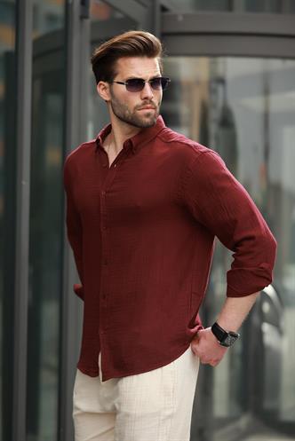 Bordo Basic %100 Pamuklu Uzun Kollu Erkek Gömlek E6761