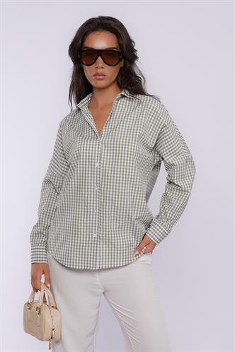 Haki Pötikareli Uzun Kollu Kadın Gömlek Mg2386