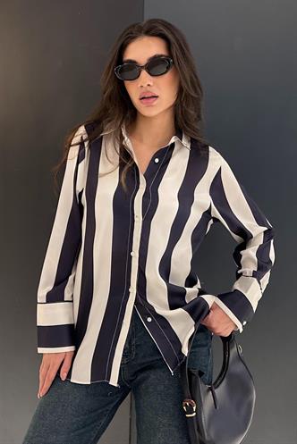 Lacivert Çizgili Oversize Kadın Gömlek MG1850