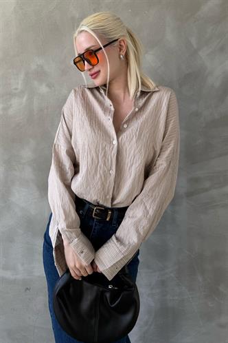 Bej Çizgili Oversize Kadın Gömlek Mg2327