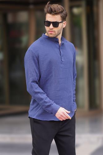 Erkek Lacivert Müslin Uzun Kollu Gömlek 6742