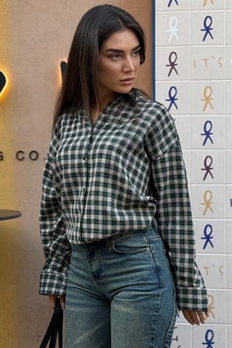 Yeşil Oversize Kareli Kadın Gömlek MG2822