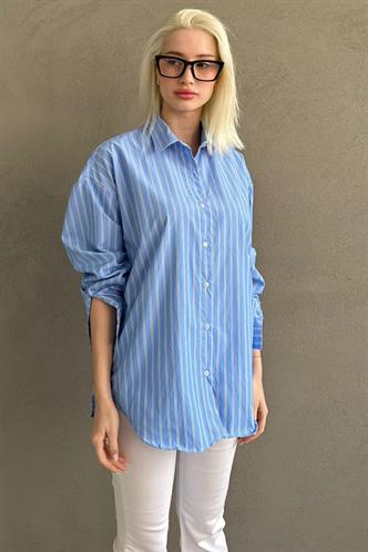 Mavi Çizgili Regular Kesim Kadın Gömlek MG2610