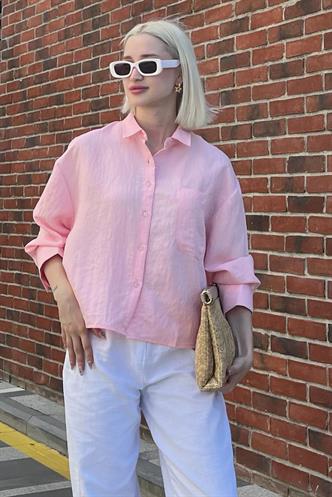 Pembe Çizgili Oversize Kadın Gömlek MG2093
