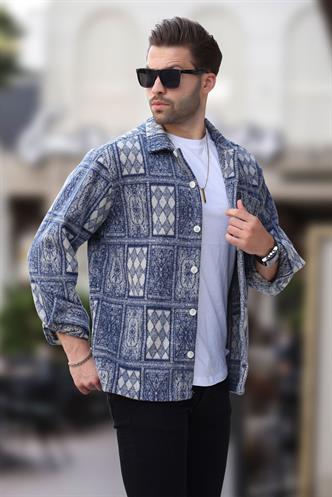 Lacivert Desenli Tek Cepli Erkek Polar Gömlek 6751
