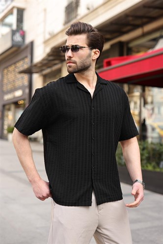 Siyah Gofre Kumaş Erkek Gömlek E6772
