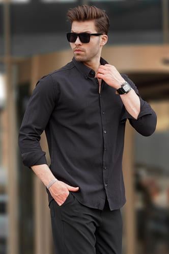 Siyah Uzun Kollu Pamuklu Keten Görünümlü Erkek Gömlek 6743