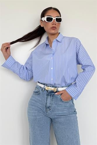 Mavi Çizgili Kadın Gömlek Mg2410