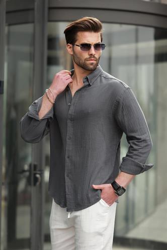 Antrasit Basic %100 Pamuklu Uzun Kollu Erkek Gömlek E6761