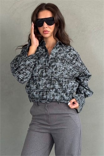 Siyah Ekose Desen Oversize Kadın Gömlek MG2900