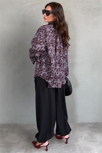 Bordo Ekose Desen Oversize Kadın Gömlek MG2899