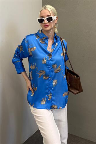 Mad Girls Leoparlı Mavi Saten Gömlek MG187